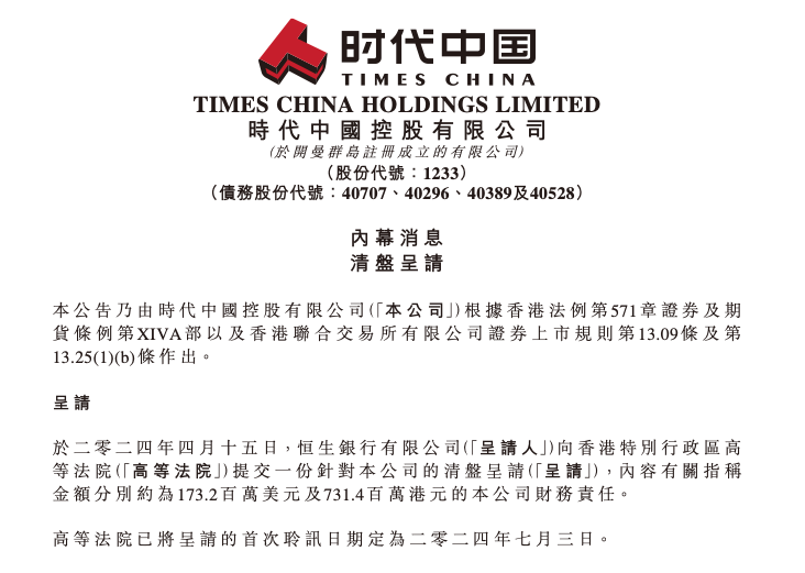 时代中国控股收到恒生银行清盘呈请 涉及金额共9.04亿元