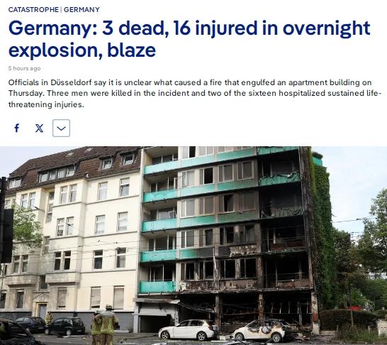 突发！德国一住宅楼发生爆炸起火 造成3死16伤