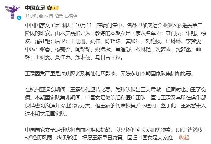 王霜因伤无缘中国女足大名单！“不争气的脚有时候下地都困难”